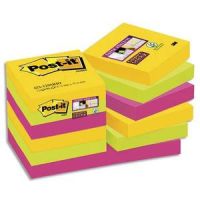 Logo Post-it lot de 12 blocs super sticky rio 90 feuilles 47,6x47,6mm, coloris jaune non, vert non, fuchsia 704282