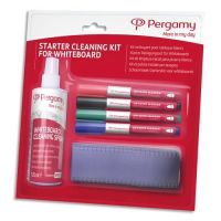 Logo Pergamy kit nettoyant de dmarrage pour tableaux blancs. spray + brosse + 4 marqueurs 901036