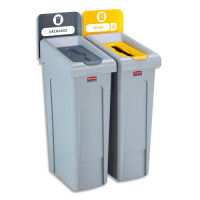 Logo Rubbermaid station de recyclage, 2 collecteurs gris jaune + jeu de 10 �tiquettes de flux de d�chets 429602