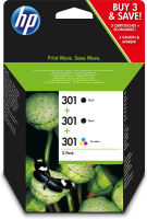 Logo Hp 301 original ink cartridge e5y87ee black and tri-colour standard capacity black:190 p colour:165 p multipack 2bk+1 tri-color 