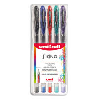 Logo Uni-ball pochette de 5 stylos roller signo classique encre gel. assortis: noir, bleu, rouge, vert, violet 434509