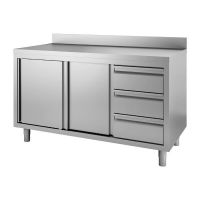 Logo Table armoire inox avec dosseret 3 tiroirs  droite et portes coulissantes gastro m 850/900x1200x700mm ds441