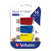 Logo Verbatim pack de 3 cls usb 3.0 rtractables 16go store 'n' click rouge/bleu/jaune 49306 433789